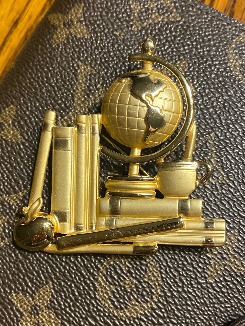 Vintage AJC Gold Tone Teacher Brooch Globe Books Apple School Pin